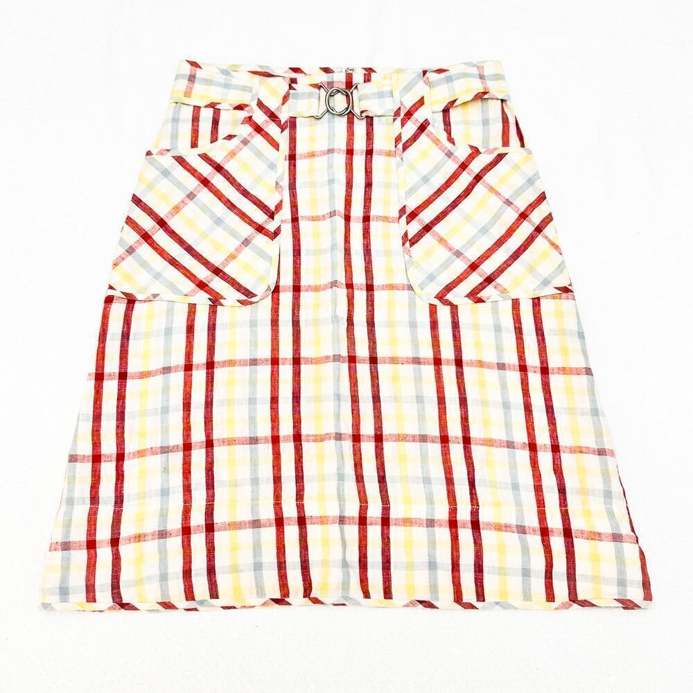 DKNY Madras Plaid Patterned Linen Skirt Front Pockets Size 2